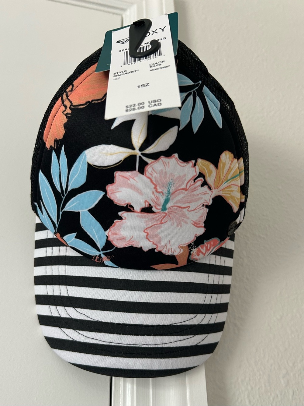 Roxy Floral Stripe Trucker Hat Black Mesh SnapBack Multicolor Floral